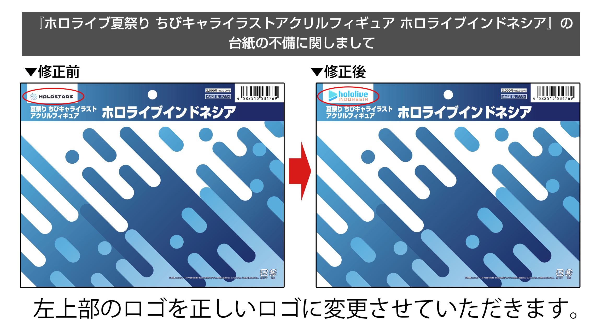 『ホロライブ夏祭り ちびきゃらイラストアクリルフィギュア ホロライブインドネシア』の台紙の不備に関しまして